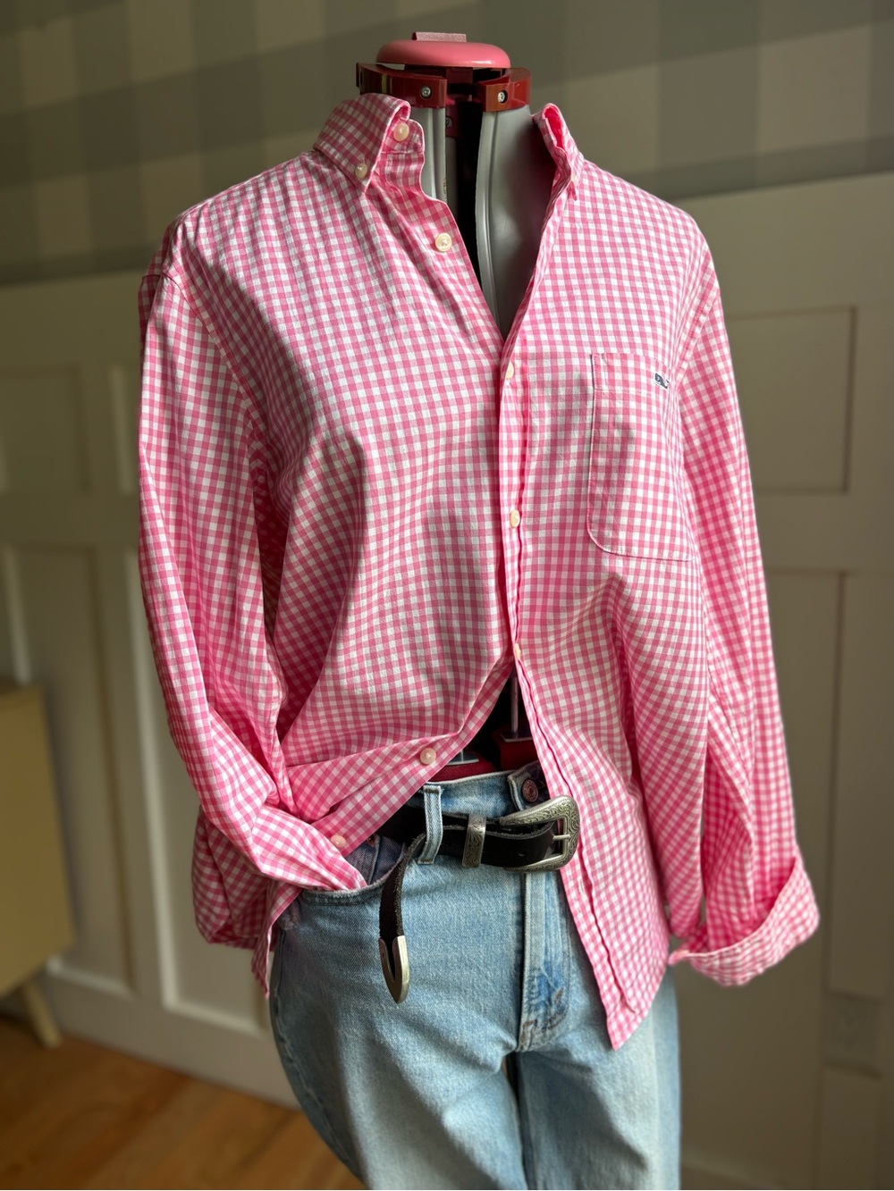 Vineyard Vines Pink Gingham Long-Sleeve Button-Down Shirt Medium